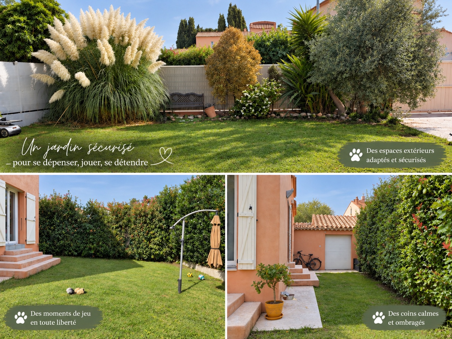Les extérieurs de la maison : pelouse, végétation et coins ombragés du jardin clos